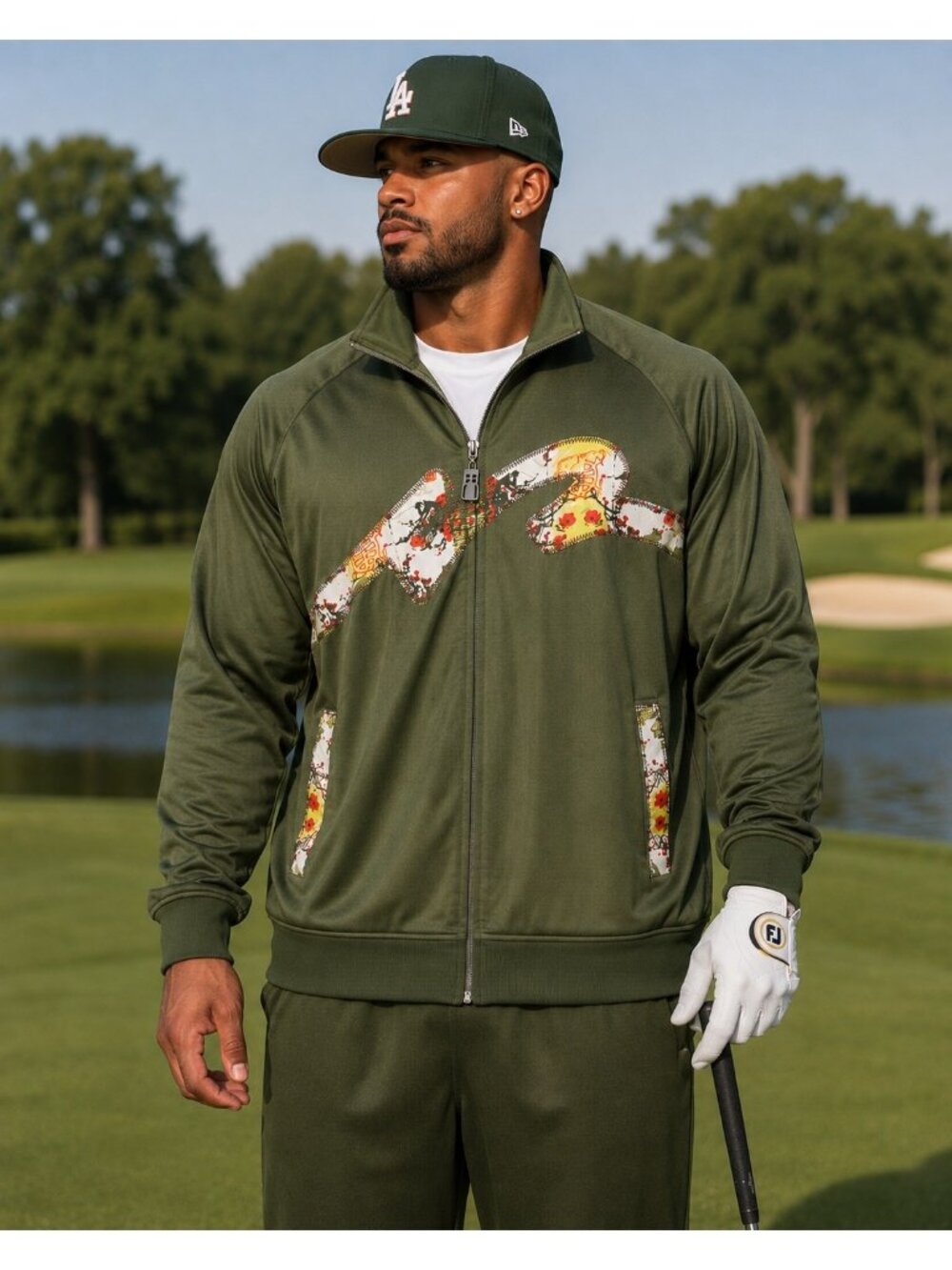 Five Pointz 2XL Green Y2K Track Jacket Sakura Embroider Applique Asian EUC Mens